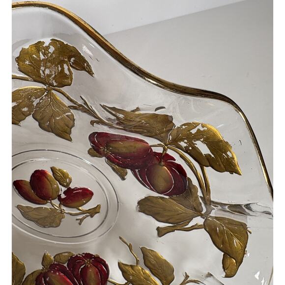 Vintage Glass Intaglio Plate Dish Goofus Glass Ruffled Gold Rim Red Fruit 10.5" - Picture 11 of 16